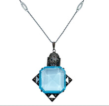 Load image into Gallery viewer, sold - Art Deco Aquamarine Glass & Sterling Silver Pendant & Chain