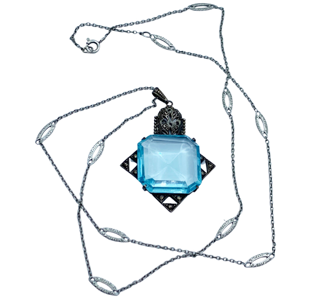 sold - Art Deco Aquamarine Glass & Sterling Silver Pendant & Chain