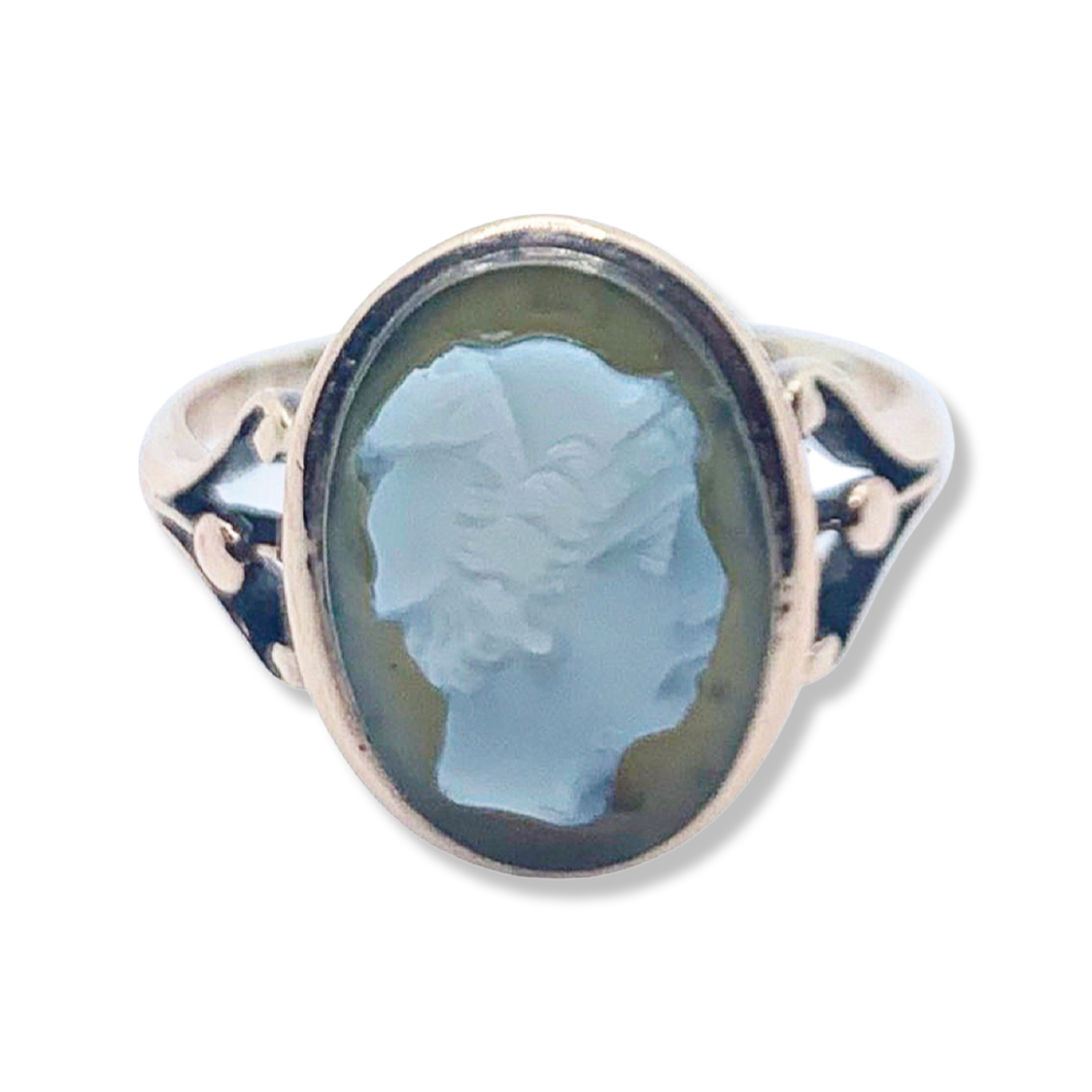 sold - Art Deco Mercury Agate Cameo Gold Ring