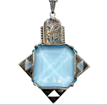 Load image into Gallery viewer, sold - Art Deco Aquamarine Glass &amp; Sterling Silver Pendant &amp; Chain
