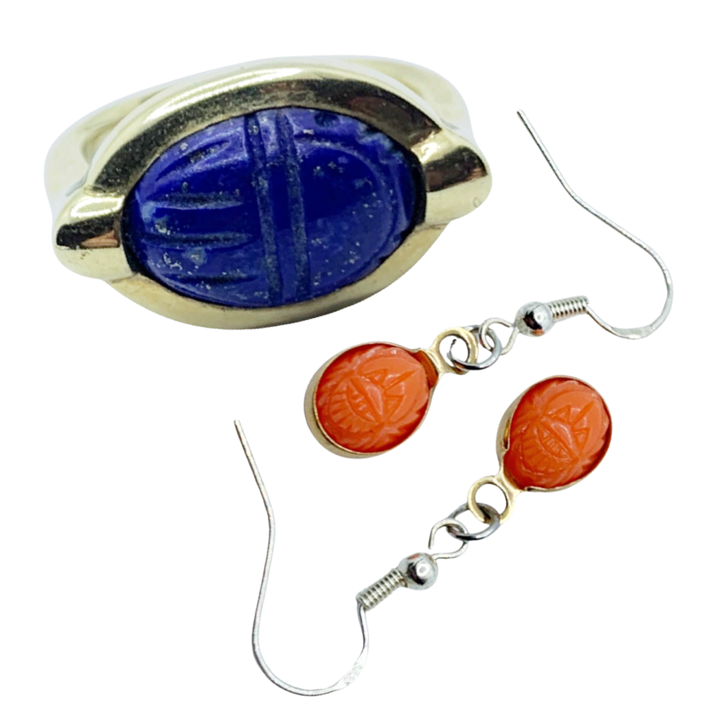 Sold - Lapis Iahhetep Scarab Ring & Moulded Glass Earrings