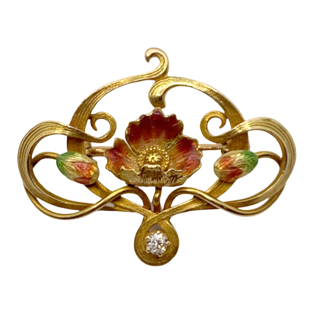 Art Nouveau Diamond & Enamel Gold Brooch
